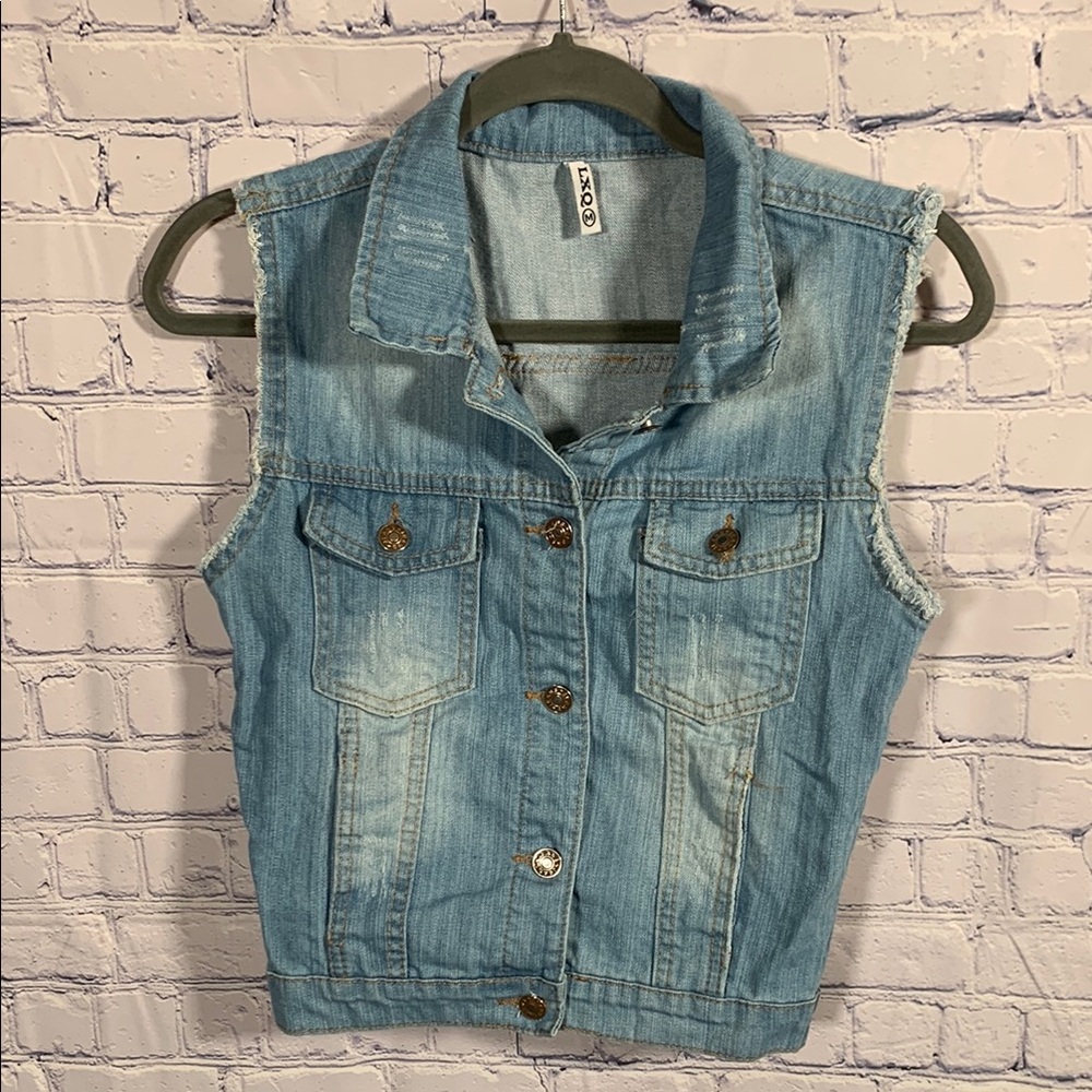 Womens Denim Vest Distressed Medium Light Wash M Western Festival Hippie Grunge